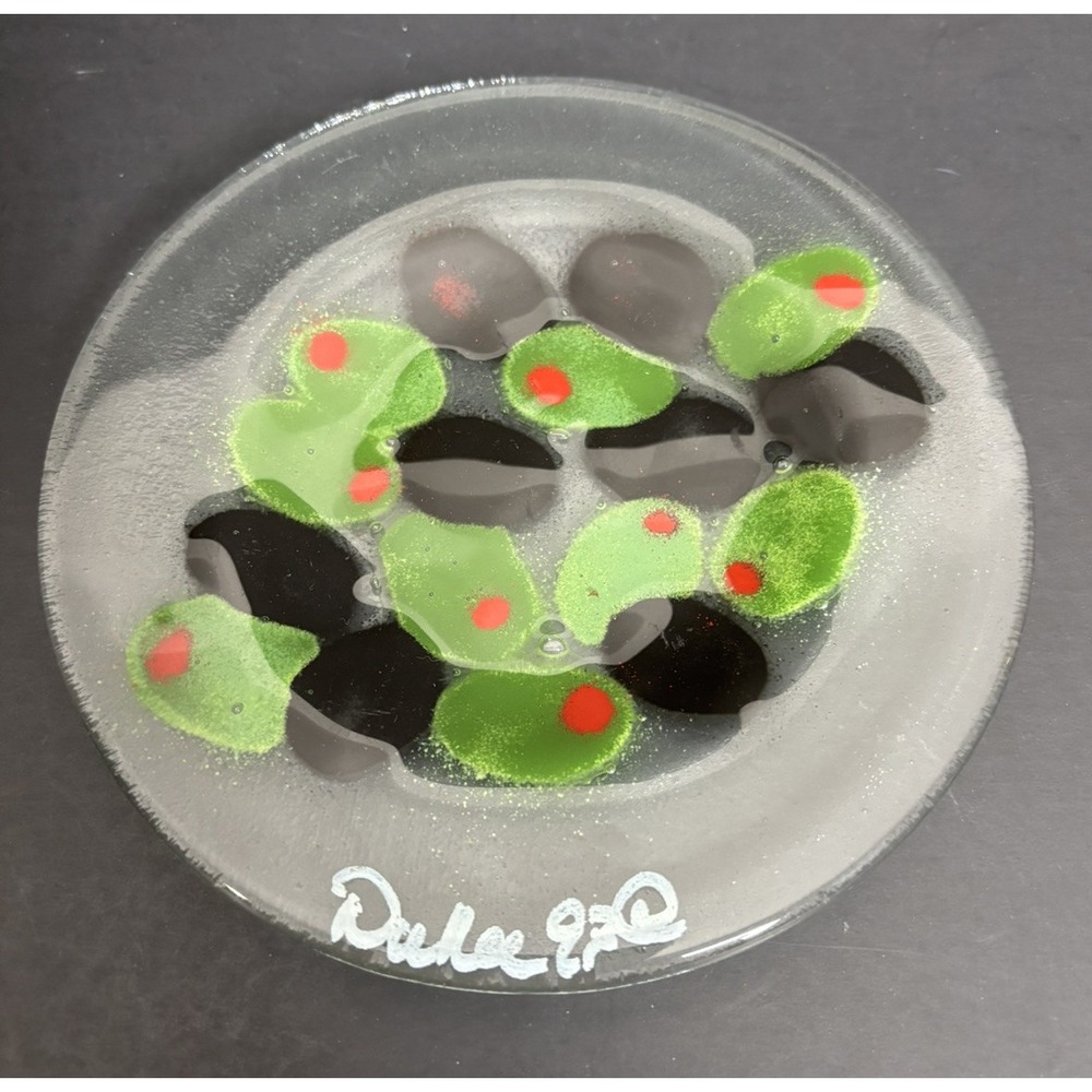 Duru Fused Glass Plate Olives Tomato 6" Signed Vintage 1997
